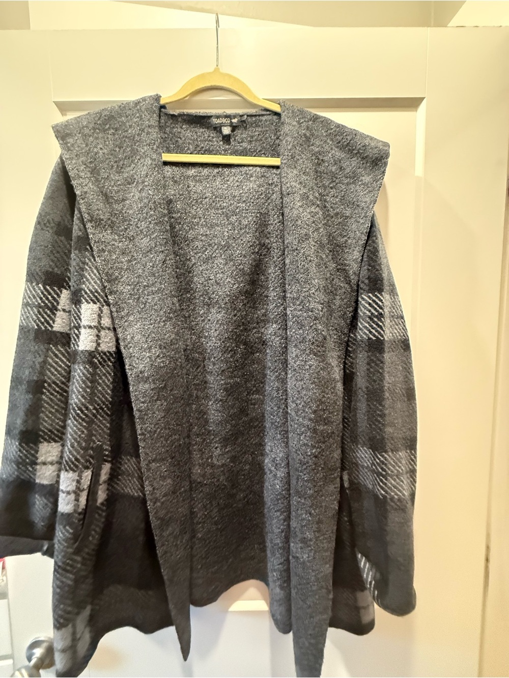 Toad&Co Heartfelt Hoodie Cardigan Gray Plaid Open Front Sweater XL NWOT